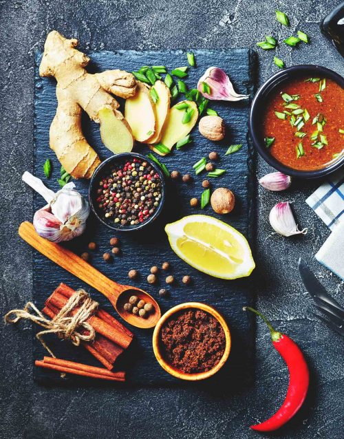 Various spices on a cutting board